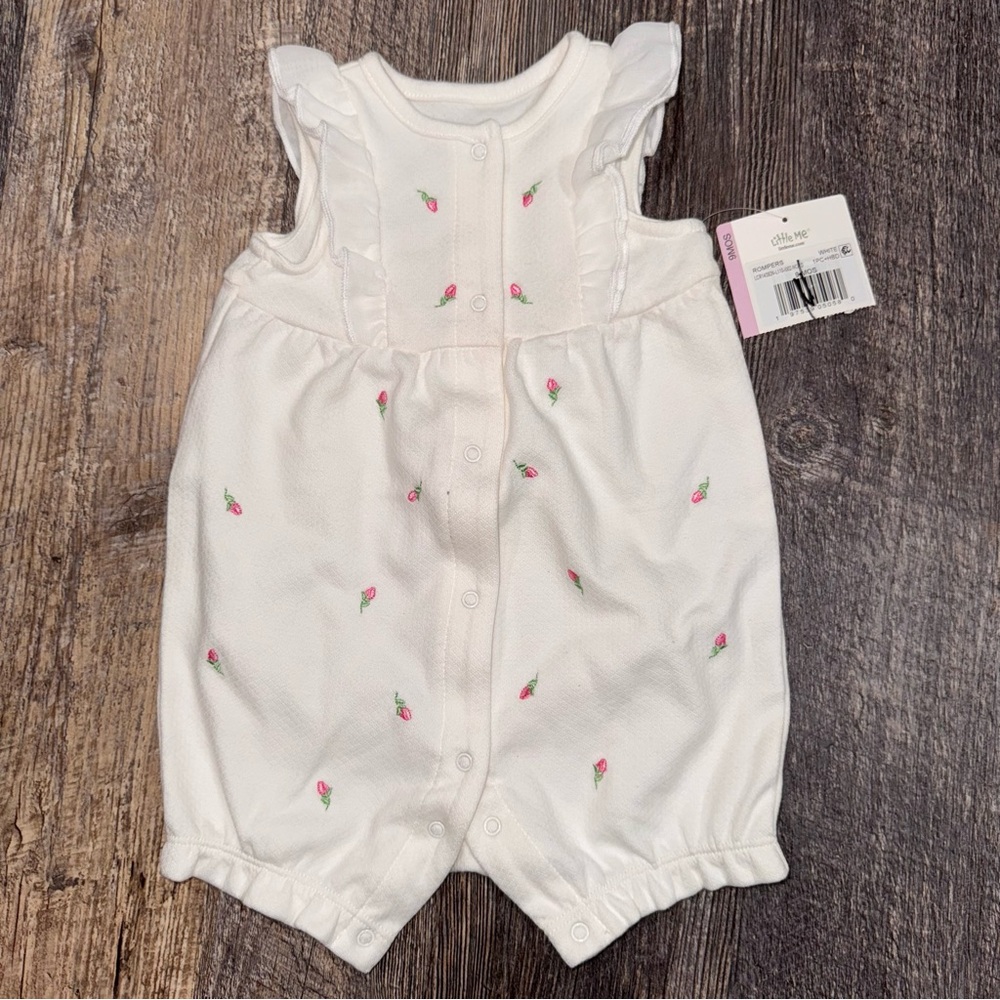 Little Me 9 month White Baby Romper with Pink Embroidery